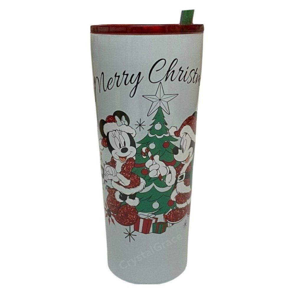 Disney Holiday Mickey Minnie Merry Christmas 22 Oz Tumbler Straw Tree Santa Hat.